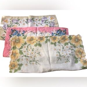 VTG Lot of 3 Cotton Floral Square Hankies Decor Crafts Decoupage Yellow Pink